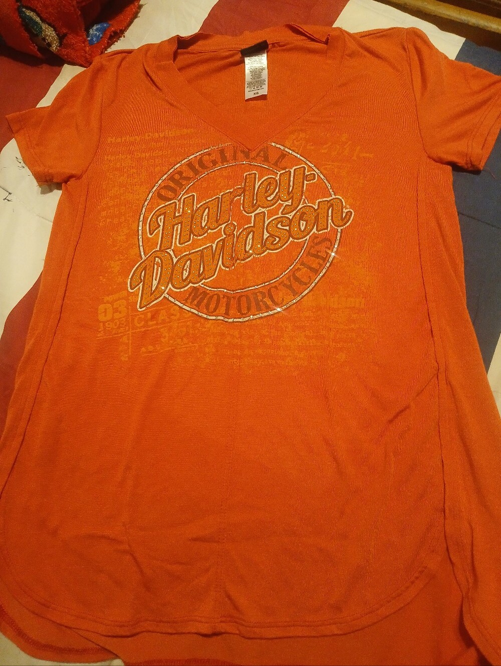 Harley-Davidson Orange V-Neck Logo Tee with Glitter Accent